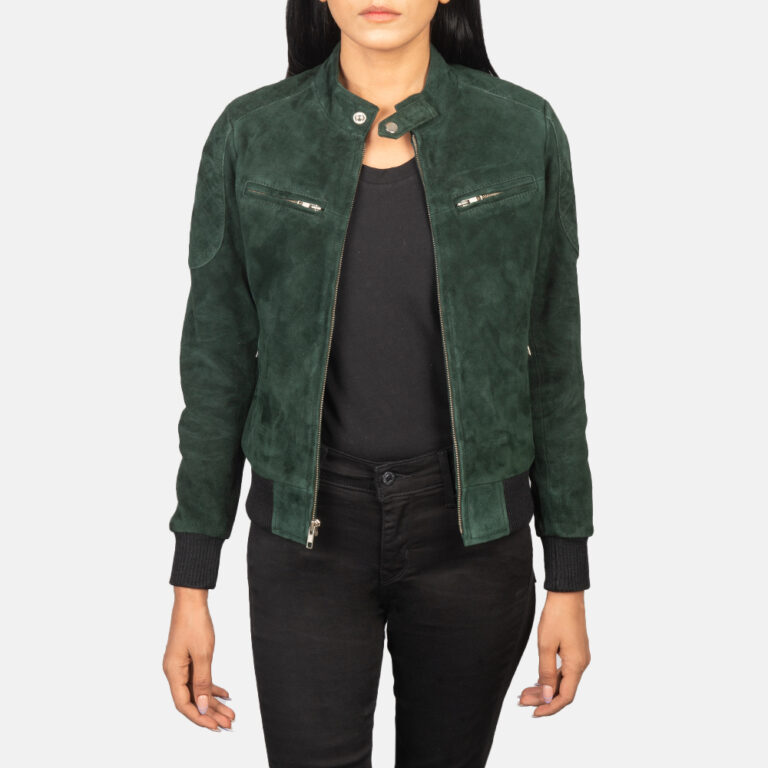 Womens Zenna Green Suede Bomber Jacket Open Front-4-1652192904604